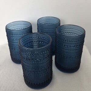 Elegant Textured Blue Beaded Hobnail Set Of Glasses